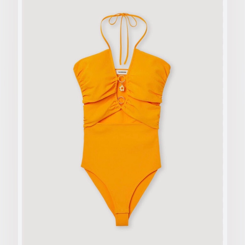SANDRO ($340)- ASSIYA BACKLESS HALTER BODYSUIT IN ORANGE 0 - Picture 1 of 4
